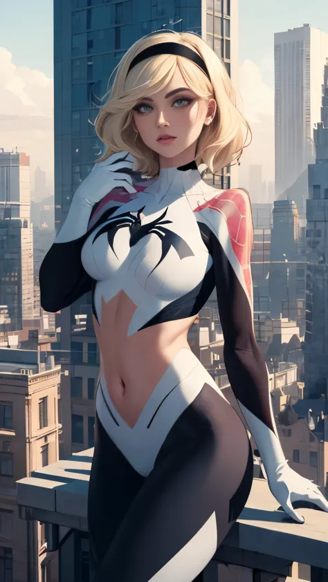 (Highly quality, masterpiece, detailed), city detailed scenario, city detailed background, solo, gwen, spider gwen, blonde hair,...