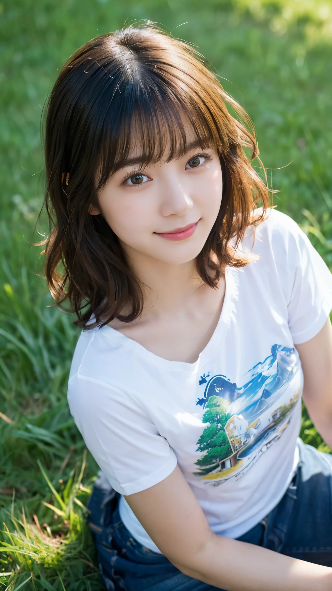(highest quality,masterpiece:1.3,ultra high resolution),(Super detailed,caustics,8k),(photorealistic:1.4,RAW shooting),18-year-old,cute,Japanese,Short black hair with outward curls,(white t-shirt),big ,(smile),look up at the camera,blue sky,sun,Backlight,(top of the hill),(Tall green grassland:1.1),(sitting in the grass),(bust up shot),(face focus),(face close up),bird&#39;s eye view,(High-situation:1.4),(high angle:1.4),Natural light