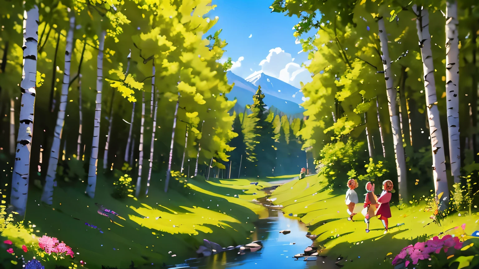 Mountain path, fir trees, birch trees, children playing, flowers, butterflies, flying birds, landscape, birds chirping, sunlight filtering through the trees, soft breeze, lush green foliage, sparkling water reflections, vibrant wildflowers, joyful laughter, carefree children's expressions, dynamic brushstrokes, mountain, harmonious composition.
