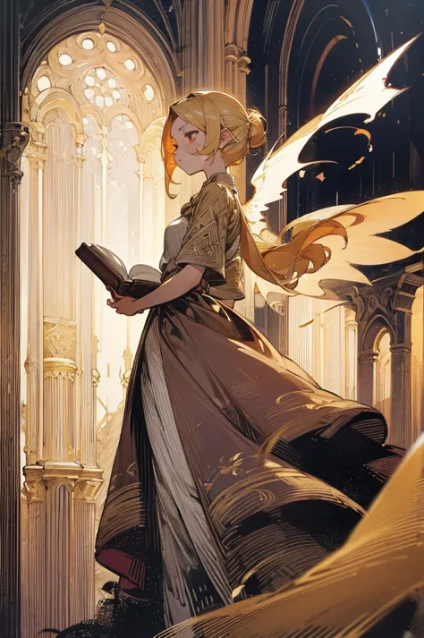 fairy girl with wings and a book in hand, classic long dress, fairy wings, red eyes and blonde hair, golden hair, serious face, ...