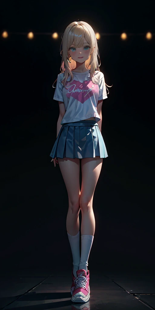 beautiful, (masterpiece:1.2), (best quality:1.2), Beautiful 10-year-old white girl with blue eyes, long swept-back straight blond hair, Happy), Pink and white frilly miniskirt, pink shirt, pink socks, white sneakers, California City background, daylight.