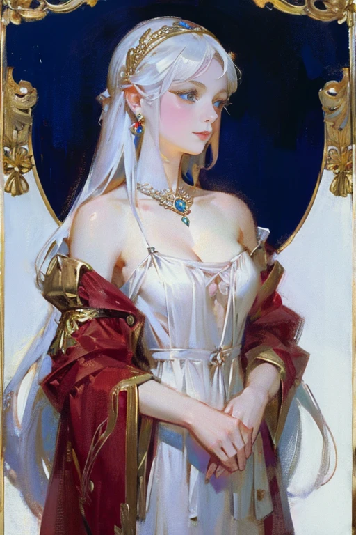 neon, garden, red and blue tones, a girl dressed in a pale white simple silk dress with silver embroidery, a face similar to Daenerys, long white hair, stunning blue eyes, expressive breasts, gold jewelry, delicate face, intricate details, beautiful fantasy setting, 8K, HD