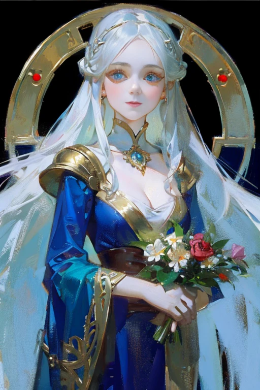 neon, garden, red and blue tones, a girl dressed in a pale white simple silk dress with silver embroidery, a face similar to Daenerys, long white hair, stunning blue eyes, expressive breasts, gold jewelry, delicate face, intricate details, beautiful fantasy setting, 8K, HD