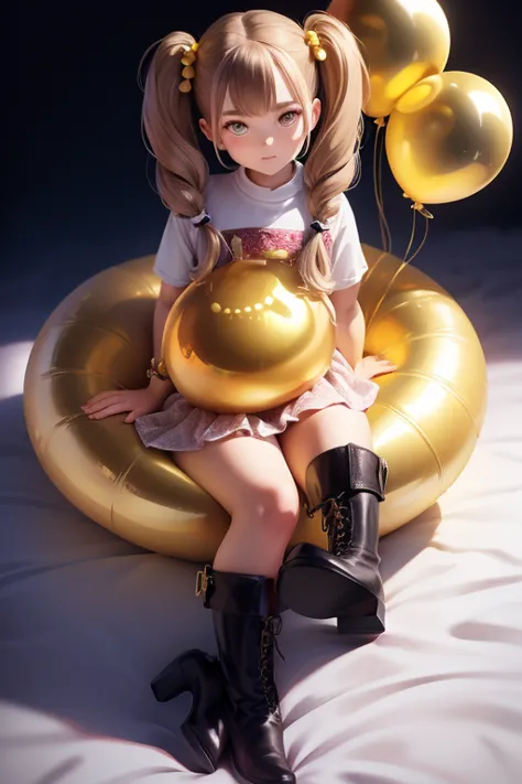 having a gold balloon , full body, real photo, 11 years old girl, twin tails, looking down at me, boots, 