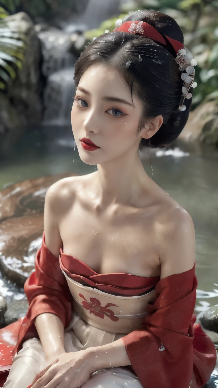 ((Top quality, 8k, Masterpiece: 1.3)), Sharp focus :1.2,   ((Body slim thin captivating. long eyelashes,   highly detailed lips,   detailed eyes,   double eyelid,   Make-up face.  Red lipstick.  hair accessories,  hair Bun,  elegance,    enchanting,

((Beautiful Japanese Geisha)),  ((wet Red kimomo)),

Sit down.     at the edge of the waterfall