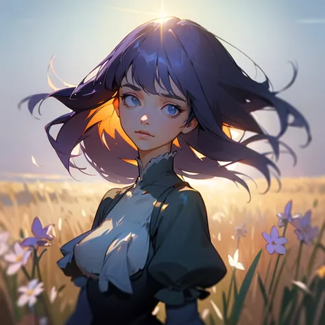 frederica bernkastel portrait of a cute woman in a bright windy field, river, (backlighting), masterpiece, highest quality, lens...