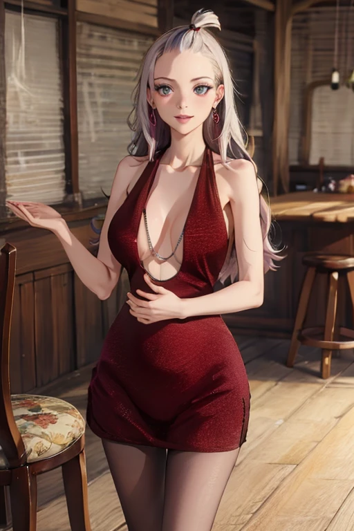 (best quality,4k,8k,highres,masterpiece:1.2),ultra-detailed,realistic,photorealistic:1.37, Mirajane Strauss, with a beautiful smile, wearing a sensual red dress 