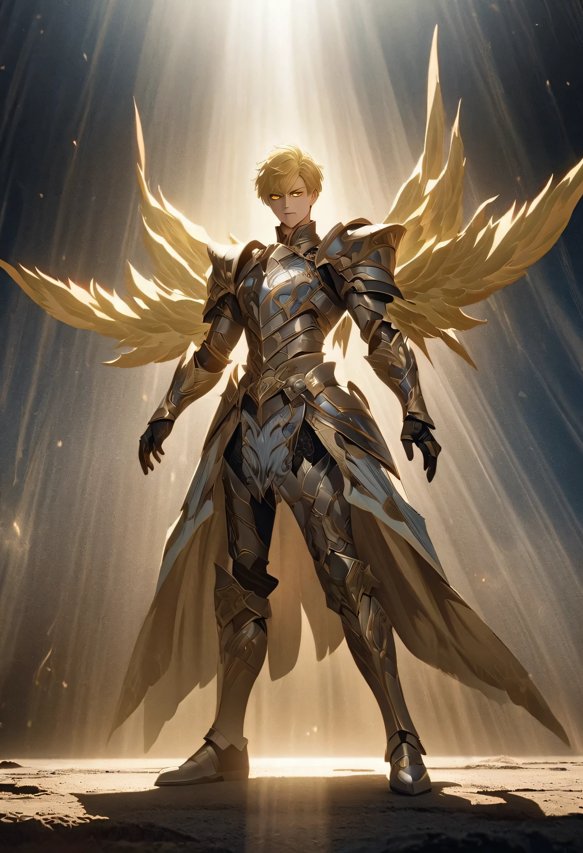 full body of a male character, blue and silver colored armor, with light blue celestial wings, (((blond hair))), yellow eyes, short hair, anime style, detailed eyes, perfect eyes, epic, dramatic, fantastic, full body, intricate design and details, dramatic lighting, detailed face, dramatic photo, epic photo, full body, pose, perfect face
