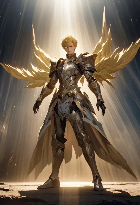 full body of a male character, blue and silver colored armor, with light blue celestial wings, (((blond hair))), yellow eyes, sh...