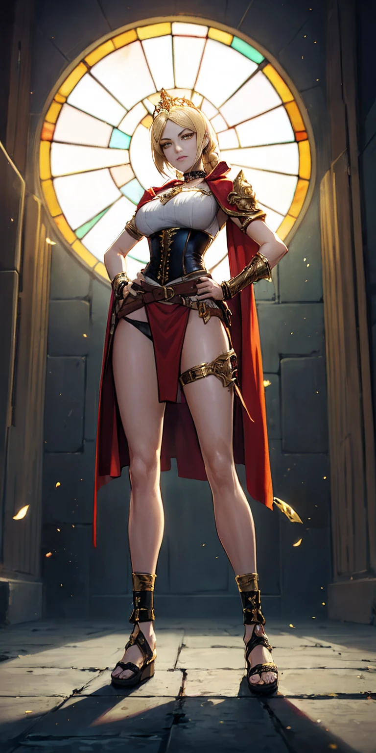 paladin lady in ornate golden armor, black collar, pauldrons, breastplate, corset, glowing halo, single braid, blonde, yellow glowing eyes, bright pupils, eye focus, red cape, temple indoors, stained glass windows, night, moonlight, particles, light beam, chromatic aberration, (full body, whole body. 1solo (girl). slave fighter, loincloth standing, hands on hips full body, whole body. 1solo (girl). slave fighter, loincloth standing, hands on hips, metal sandals, backpack, choker, big belt, view from below, feet together, bracers, tiara)