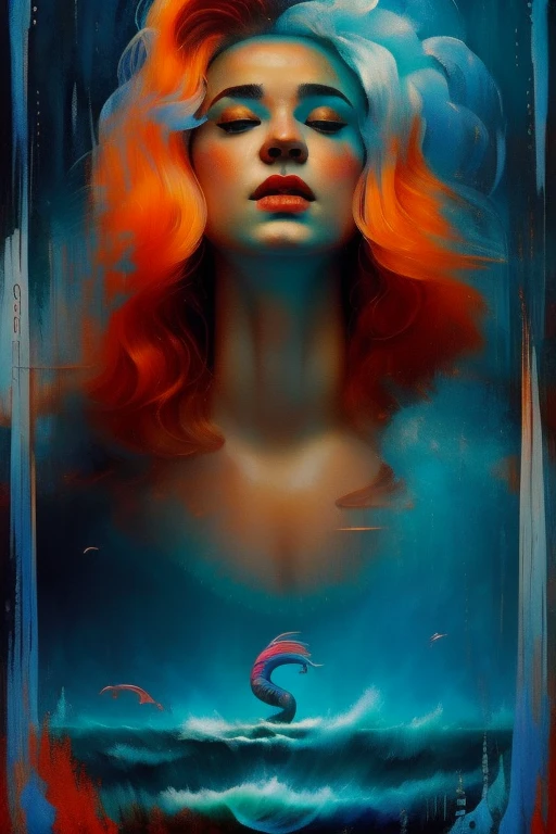 best quality,4k,8k,highres,masterpiece:1.2,ultra-detailed,photorealistic,advertising poster,mermaid,storm,monochromatic,harrowing,contrasting colors,dynamic lighting,water reflections,striking composition,dramatic atmosphere,mysterious concept