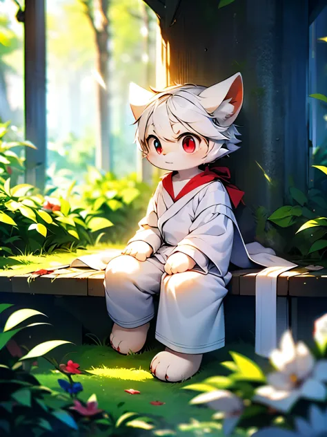 alone，mage，male，adult，white wolf，light blue and white hair，red eyes，white robe，gold diamond pattern，white trousers，white plush p...