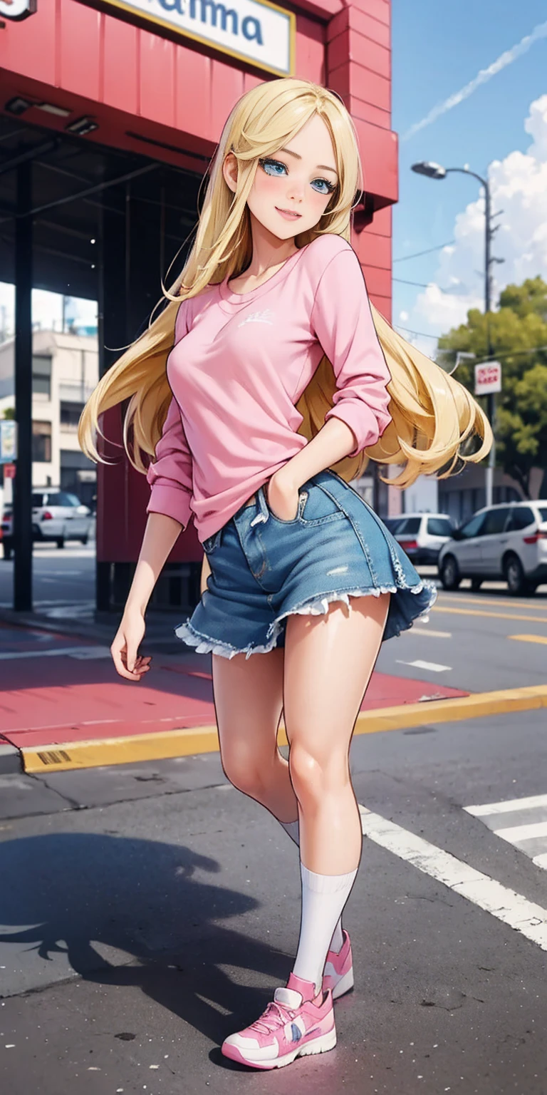 beautiful, (masterpiece:1.2), (best quality:1.2), Beautiful 10-year-old white girl with blue eyes, long swept-back straight blond hair, Happy), Pink and white frilly miniskirt, pink shirt, pink socks, white sneakers, California City background, daylight.