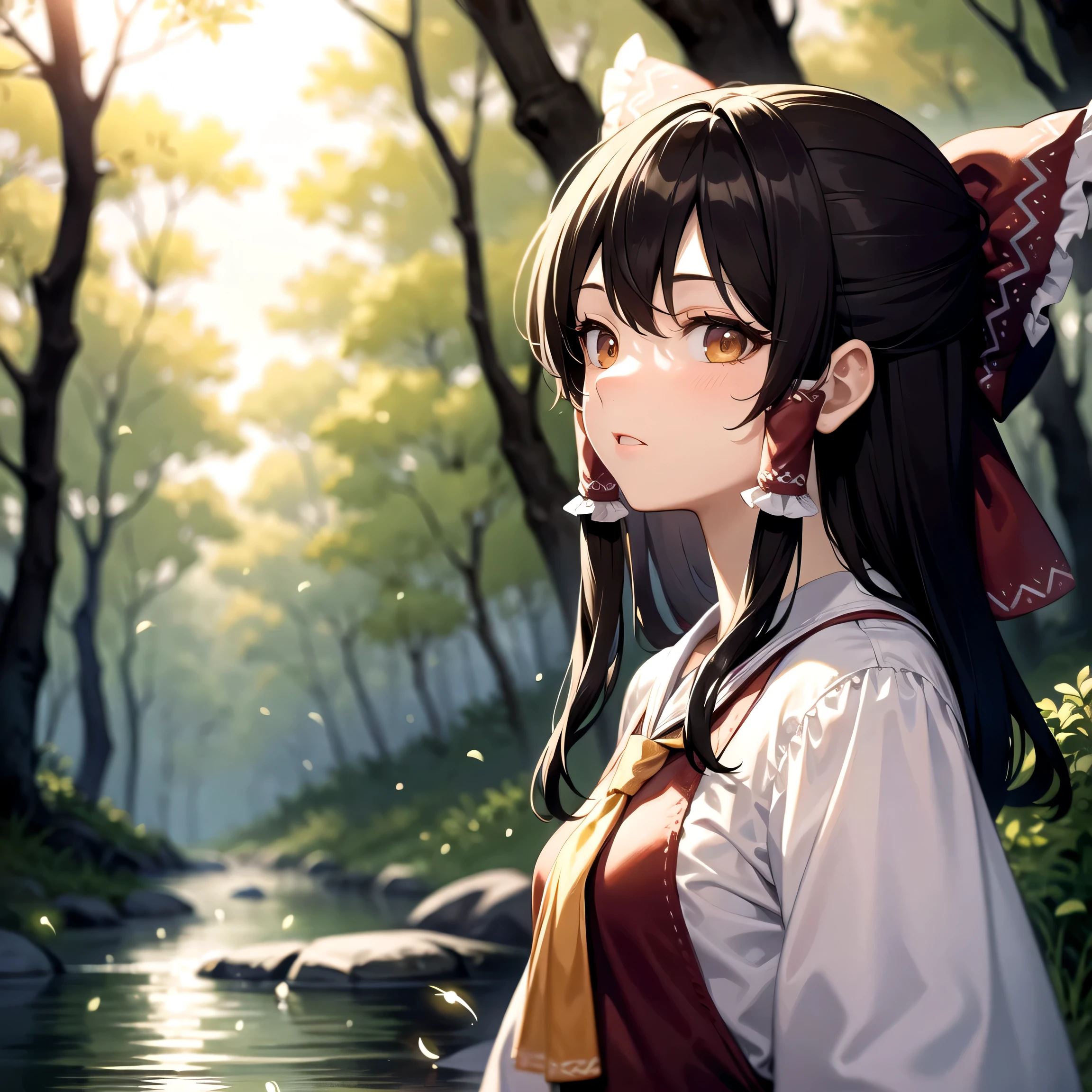 detailed background, masterpiece, best quality, 1girl, hakurei reimu, brown hair, hair tubes, hair ribbon, brown eyes, nontraditional miko, a forest full of purple and white trees, fireflies, water, purple theme, white theme, mystical, magical, black hair