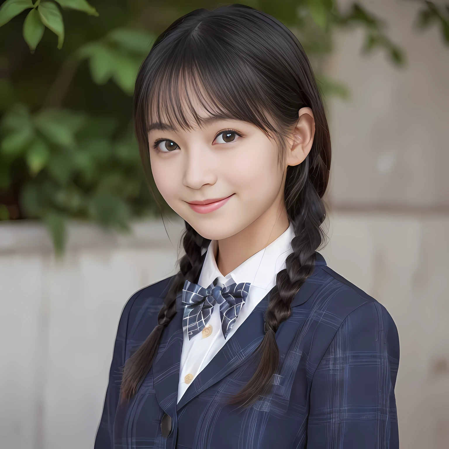 (highest quality、masterpiece:1.2)、highest quality、realistic、photograph、High resolution、1080p、8K、The face is especially pale., physical rendering、((Height: 155cm)), one Japanese girl、((A 15-year-old Japanese junior high school student)), ((Fashion model in a Japanese magazine)), , (((big very detailed beautiful dark brown eyes))), ((blue girly large wine-red glossy polyester Japanese school ribbon bow tie)), (((black beautiful long twin braids hair))), ((((deep blue colored tartan checkered formal long pleated pleated skirt)))), ((A formal dark blue blazer that is slightly oversized and has an emblem on the left chest.)), ((((((smile)))))), mouth is open, The large blazer and skirt are very cute., detailed fingers, Slender body, ((curled bangs)), so beautiful, long eyelashes, ((Very big and very very very cute eyes of a Japanese girl)), ((large pupils)), double eyelids, The entire skirt is photographed, thin eyebrows, ((drooping eyes)), ((long eyelashes)), ((cute lovely lovely laughing laughing cheeks)), ((Pure white light hits her face from above and in the front, making her skin and eyes shine beautifully.)), ((Strong light hits the nose and cheeks、It brings out the richness of the expression.)), (((((A very cute face with a rich expression and a pure look))))), (((Shot from the right side)))