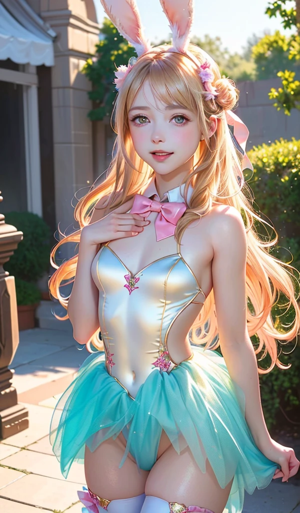 masterpiece, best quality, extremely detailed CG unity 8k wallpaper, (Upper Body head close-up shot of a beautiful little girl), , Elegant Long straight blonde hair, (Mckenna Grace), (flat chest,thighs), (pink-Cyan) golden (Glittering tutu,long Bunny Ear Headgear, , Bow-tie, No panties, genitals visible), (spread legs), (Blush), oil skin, (seductive smile), (Wonderland), pretty face, key art, award winning, intricate detail realism hdr, by (ruan jia and artgerm and range murata), Photorealism, Hyperrealism, ultra realistic, dramatic light, intense shadows, gorgeous view, depth of field
 
