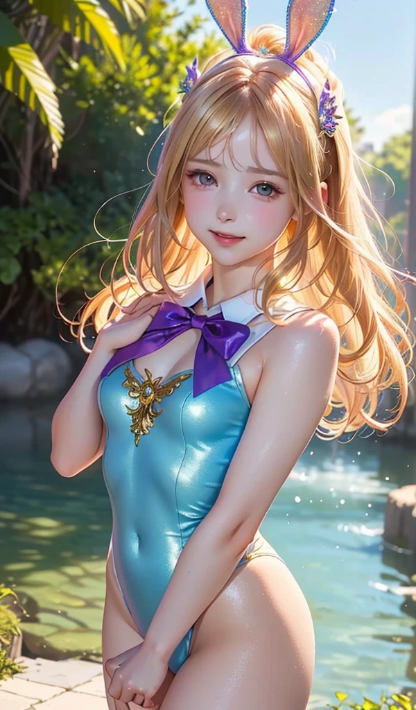 masterpiece, best quality, extremely detailed CG unity 8k wallpaper, (Upper Body head close-up shot of a beautiful little girl), , Elegant Long straight blonde hair, (Mckenna Grace), (flat chest,thighs), (Purple-Cyan) golden (Glittering tutu,long Bunny Ear Headgear, , Bow-tie, No panties, genitals visible), (spread legs), (Blush), oil skin, (seductive smile), (Wonderland), pretty face, key art, award winning, intricate detail realism hdr, by (ruan jia and artgerm and range murata), Photorealism, Hyperrealism, ultra realistic, dramatic light, intense shadows, gorgeous view, depth of field
 
