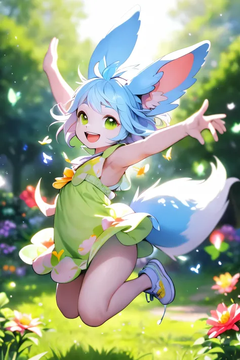 1girl, skunk ears and tail, playful, mischievous, bright smile, vibrant colors, sunny garden, blooming flowers, green grass, spa...