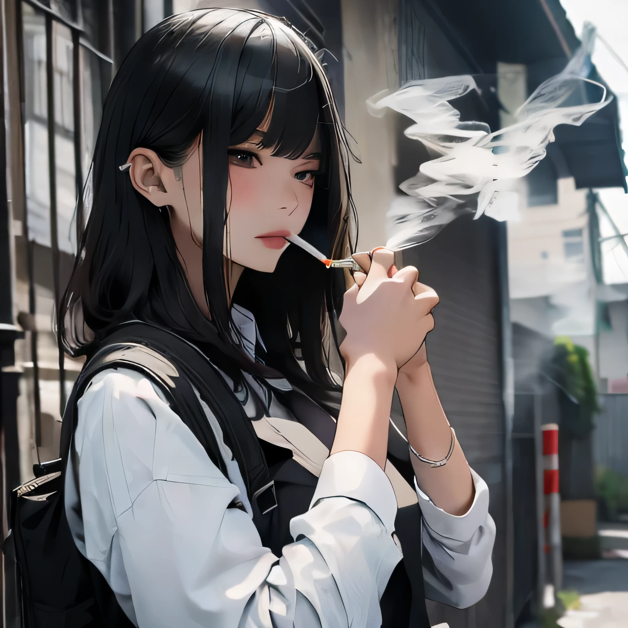 Student, uniform, smoking, white shirt, tie, rebel, slim, backpack, a lot of smoke, flat, black skirt, pretty face, beautiful, long hair, face focus, half closed eyes, relaxed, pale, asian eyes, straight hair, asian, puffy lips, lipgloss, pouty lips