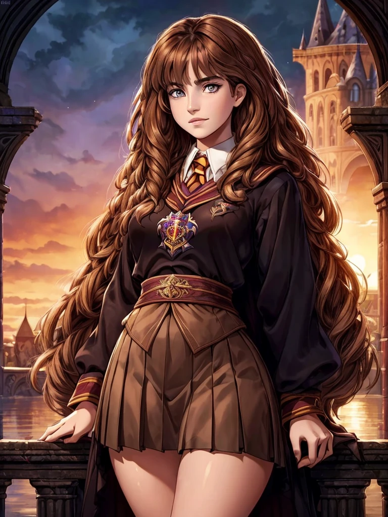 ((ultra calidad)), ((Obra maestra)), Hermione Granger, harry potter, Una imagen épica, ((pelo largo y castaño)), (hermoso rostro), (hermosos labios femeninos), (), encantador, (), mira a la cámara, ojos ligeramente abiertos, (color de piel blanco), (piel blanca), resplandor en el cuerpo, ((hermosos ojos femeninos detallados)), (color de ojos - marrón), (labios femeninos jugosos), (delineador de ojos oscuro), (hermosas manos femeninas), ((Figura femenina ideal)), Cuerpo femenino ideal, (), Hermosa cintura, muslos preciosos, hermosos pechos medianos, ((Sutil y hermosa)), Una postura seductora (), (vestido con uniforme escolar de Hogwarts) fondo: puente en terrenos de Hogwarts, Hermoso atardecer, ((profundidad de campo)), ((imagen clara de alta calidad)), (detalles claros), ((alto detalle)), de modo realista, Sesión de fotos profesional, ((enfoque claro)).