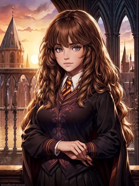 ((ultra quality)), ((masterpiece)), Hermione Granger, Harry Potter, An Epic Picture, ((brown-haired long hair)), (Beautiful face...