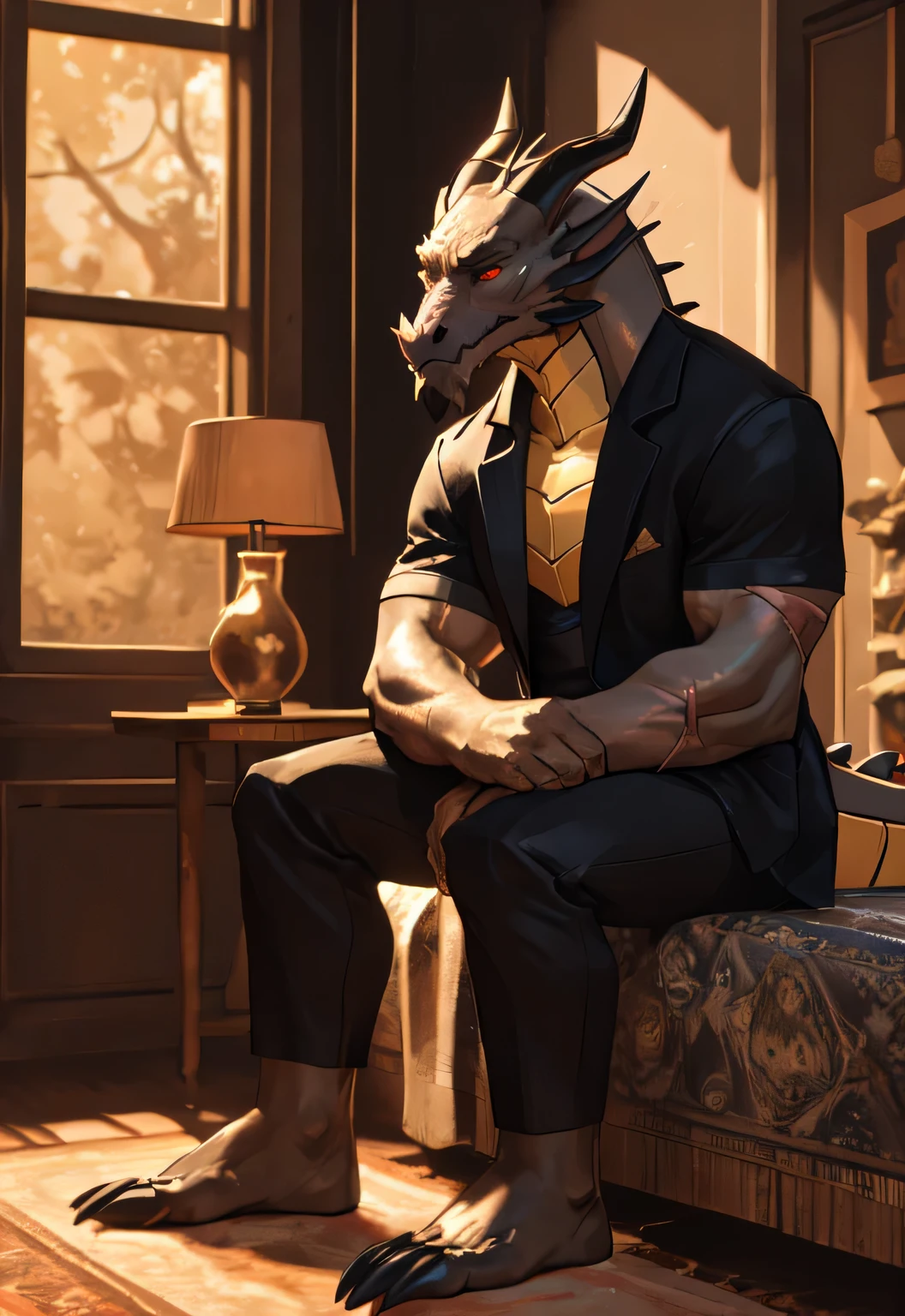 Western dragon，Height, thick legs, long legs，casual wear，bright golden eyes，toned body，Domineering and rigorous personality，sitting on bed，Handsome and charming，There is a scar on the face，full of sexual tension，dragon&#39;s tail，A serious look
