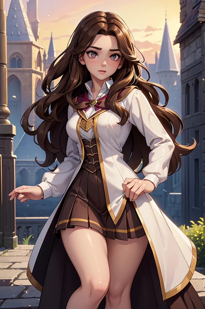 ((ultra quality)), ((masterpiece)), Hermione Granger, Harry Potter, An Epic Picture, ((brown-haired long hair)), (Beautiful face), (beautiful female lips), (), charming, (), looks at the camera, eyes slightly open, (skin color white), (White skin), glare on the body, ((detailed beautiful female eyes)), (eye color - brown), (juicy female lips), (dark eyeliner), (beautiful female hands), ((ideal female figure)), ideal female body, (), beautiful waist, gorgeous thighs, beautiful medium breasts, ((subtle and beautiful)), A seductive stance (), (dressed in Hogwarts school uniform) background: bridge on Hogwarts grounds, Beautiful sunset, ((depth of field)), ((high quality clear image)), (clear details), ((high detail)), realistically, professional photo session, ((Clear Focus)).
