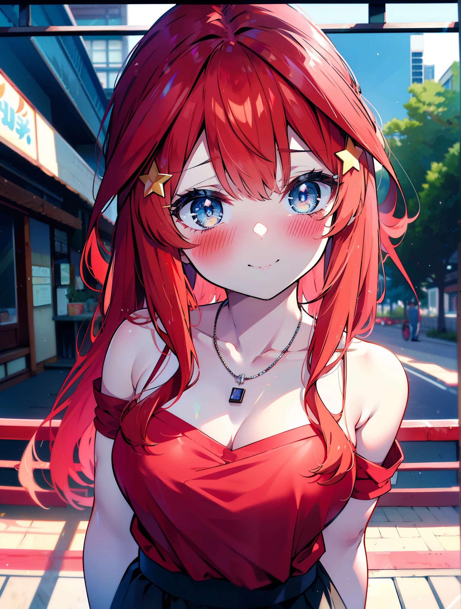 itsukinakano, itsuki nakano, bangs, blue eyes, hair between eyes, Ahoge, redhead, star \(symbol\happy smile, smile, open your mouth,embarrassing,blush, hair ornaments, star hair ornaments,red off shoulder sweater,bare shoulders,bare clavicle,naked neck,Heart Pendant Necklace,Black long skirt,Mini Boots,whole bodyがイラストに入るように,There are many shops,noon,Light of the sun,晴
break outdoors, station,square,
break looking at viewer,whole body (cowboy shot:1.5),
break (masterpiece:1.2), highest quality, High resolution, unity 8k wallpaper, (shape:0.8), (fine and beautiful eyes:1.6), highly detailed face, perfect lighting, Very detailed CG, (perfect hands, perfect anatomy),