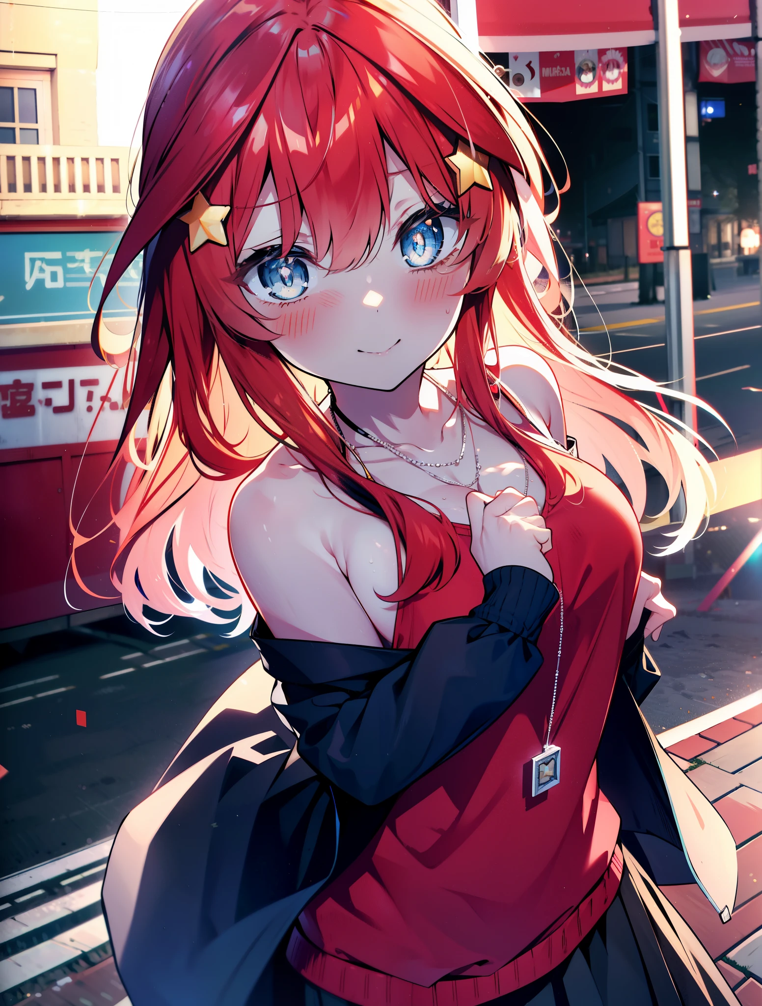 itsukinakano, itsuki nakano, bangs, blue eyes, hair between eyes, Ahoge, redhead, star \(symbol\happy smile, smile, open your mouth,embarrassing,blush, hair ornaments, star hair ornaments,red off shoulder sweater,bare shoulders,bare clavicle,naked neck,Heart Pendant Necklace,Black long skirt,Mini Boots,whole bodyがイラストに入るように,There are many shops,noon,Light of the sun,晴
break outdoors, station,square,
break looking at viewer,whole body (cowboy shot:1.5),
break (masterpiece:1.2), highest quality, High resolution, unity 8k wallpaper, (shape:0.8), (fine and beautiful eyes:1.6), highly detailed face, perfect lighting, Very detailed CG, (perfect hands, perfect anatomy),
