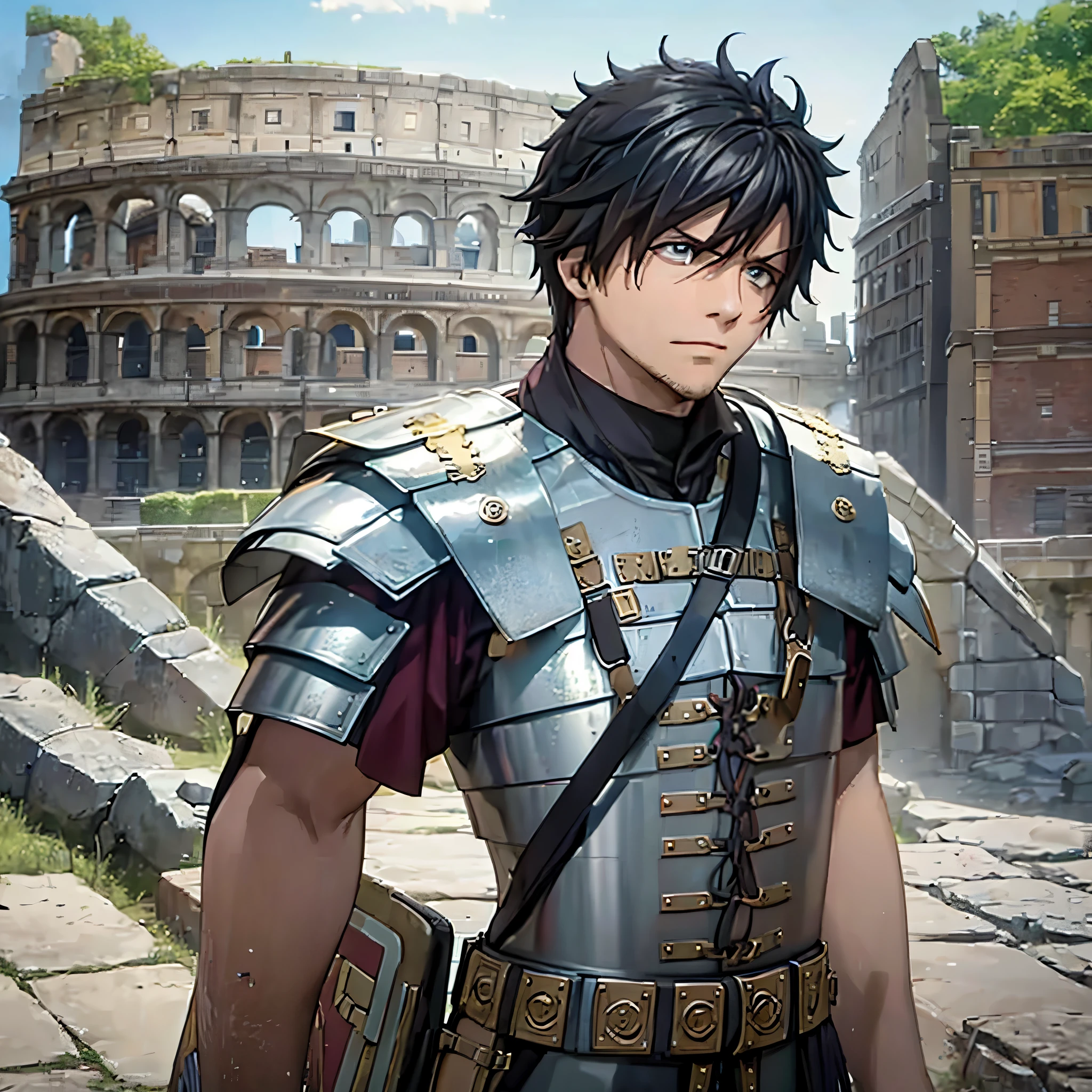 A man wearing Segmented armor, outside a Roman coliseum,HDR, ultra resolution, well defined, masterpiece, 8K HD.
