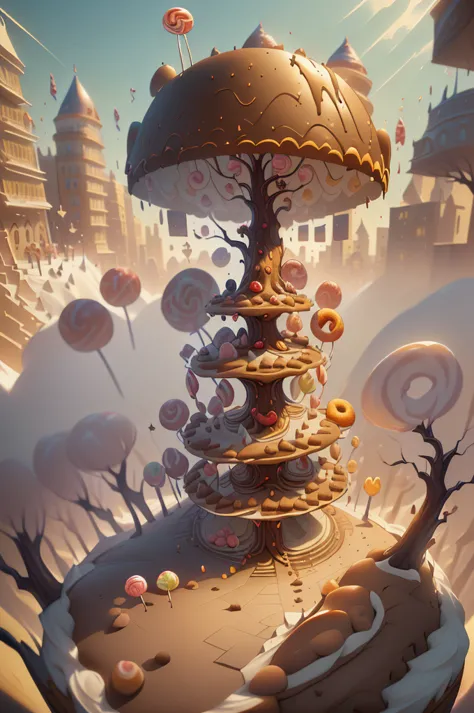 general shot: 1.5, ((city of sweet buildings of cake and sweets: 1.7)), (( candies, tree-shaped lollipops, donut-shaped sun: 1.6...