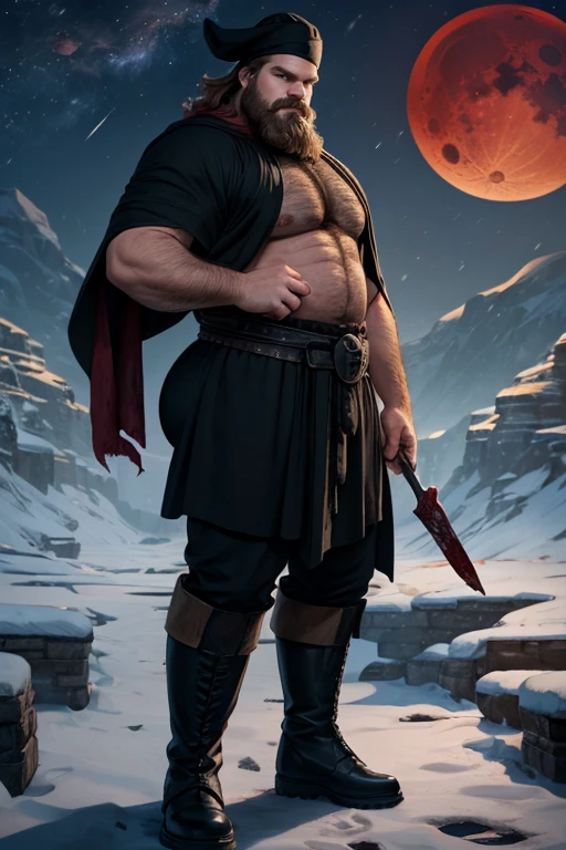 David Harbour, very detailed image, master piece, epic composition, perfect fingers, perfect hands, handsome, snow, right anatomy, chubby, 4k, perfect feets, perfect legs, (very short messy hair), ancient desert, ancient desert clothes tunic beduin, ((big full beard)), (full black clothes), (black tunic), ( black mage), (black boots), ((night with blood moon)), ((big and large ass))
