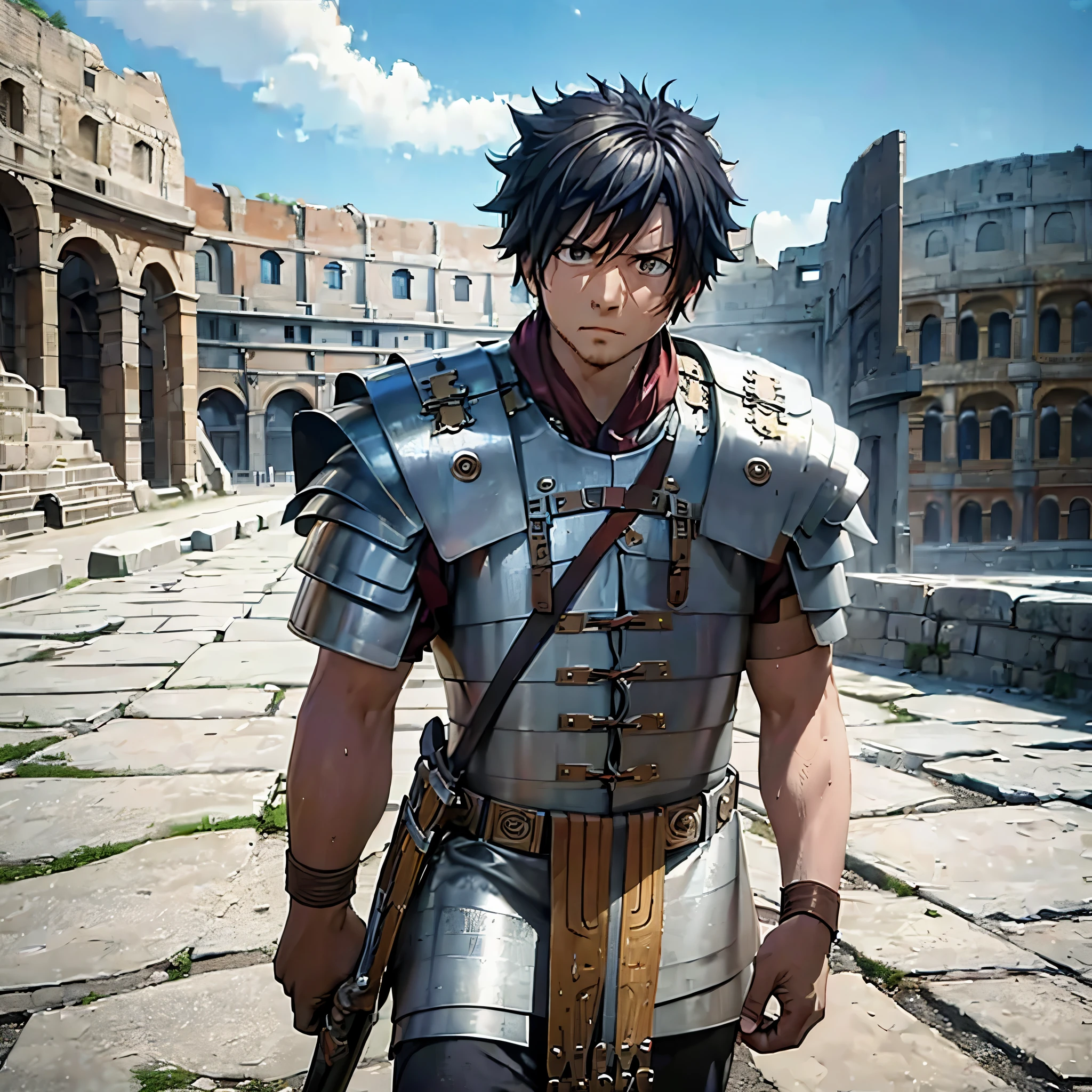 A man wearing Segmented armor, outside a Roman coliseum,HDR, ultra resolution, well defined, masterpiece, 8K HD.
