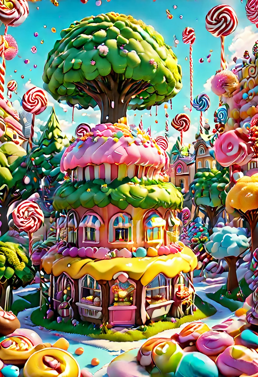 general shot: 1.5, ((city of sweet cake and candy buildings: 1.7)), (( candies, tree-shaped lollipops, donut-shaped sun, beautiful candy colors: 1.6)), ultra-realistic, photorealistic CG K : 1.4, skin texture: 1.4, masterpiece: 1.4, ((hyper detailed, epic, beautiful, creative and imaginative image: 1.6)), 32k.