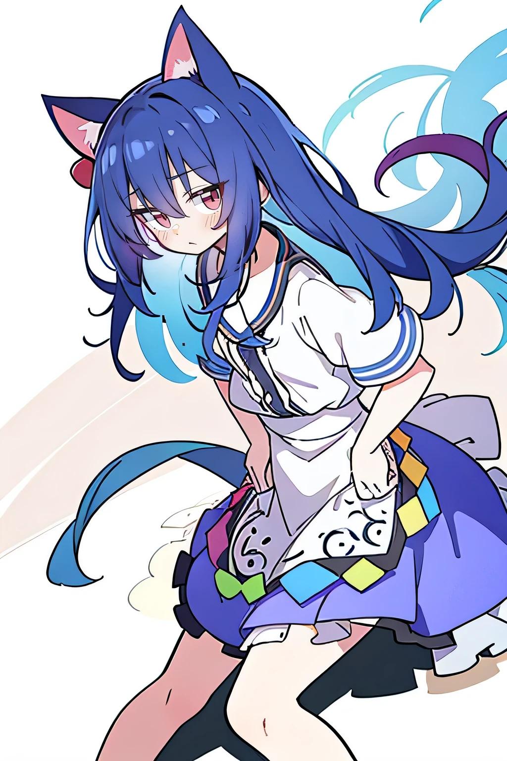 Chica anime con cabello azul y orejas de gato con un vestido. - SeaArt AI