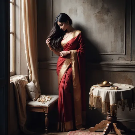 arafed woman in a red sari leaning against a wall, dressed in a sari, stunning elegant pose, wearing a sari, wearing sari, drape...