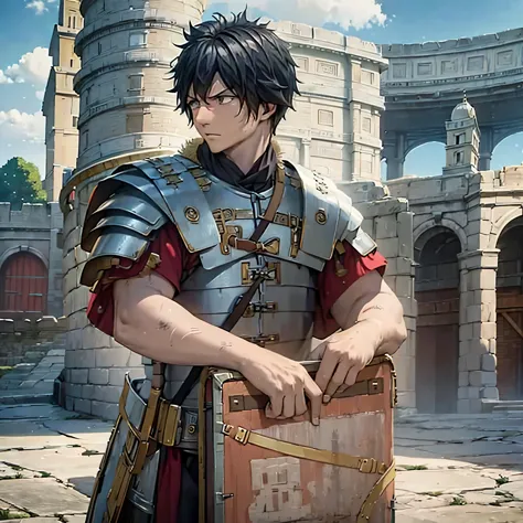 A man wearing Segmented armor, outside a Roman coliseum,HDR, ultra resolution, well defined, masterpiece, 8K HD.
