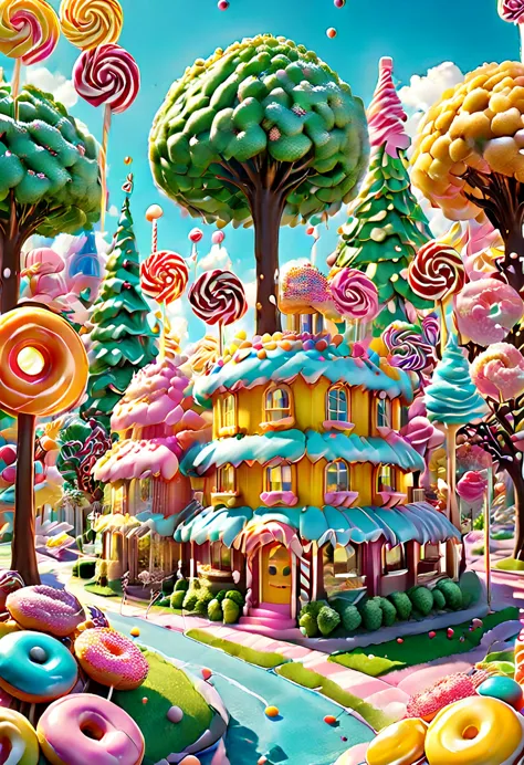 general shot: 1.5, ((city of sweet cake and candy buildings: 1.7)), (( candies, tree-shaped lollipops, donut-shaped sun, beautif...