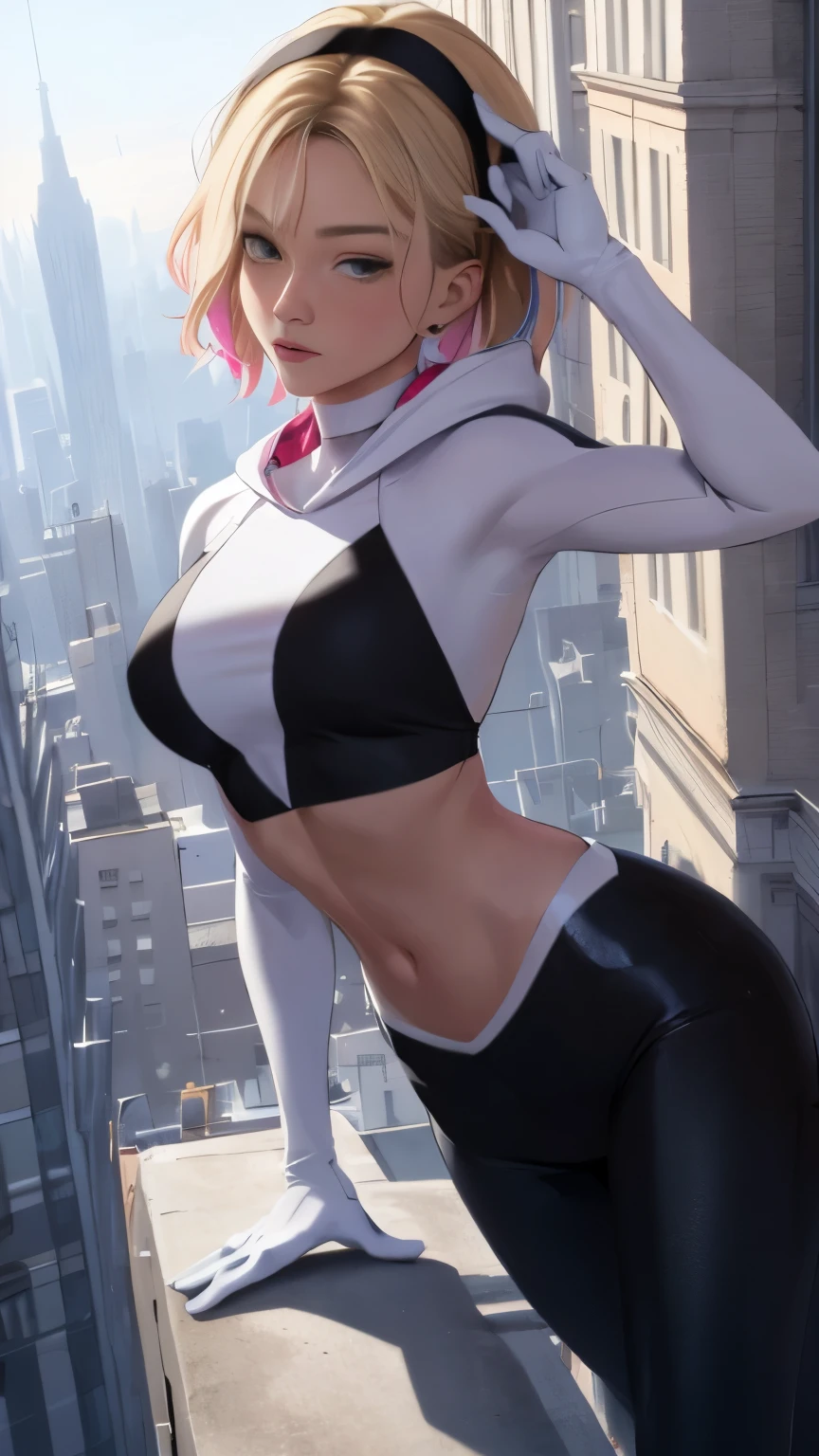 (Highly quality, masterpiece, detailed), city detailed scenario, city detailed background, solo, Gwen, blonde hair, multicolored hair, short hair, hairband, crop top, web-print, hood down, gloves, navel, on top of a building, perfect face, beautiful eyes, look at the viewer, Sexy pose