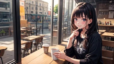 (original photo, best quality), 1 girl,  naoha kiritani, natural lighting, upper body, cafes, smile,
satosh khan art style