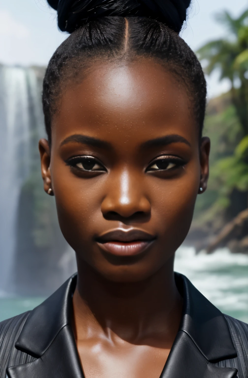 um modelo africano ,Detalhes exclusivos do cabelo, roupas de realidade virtual e aumentada , futuro próximo, Detalhes curvilíneos , olhos detalhados, Pálpebra dupla, Lábios carnudos, cabelo com coque, maquiagem profissional, hiper resolução, cachoeira
