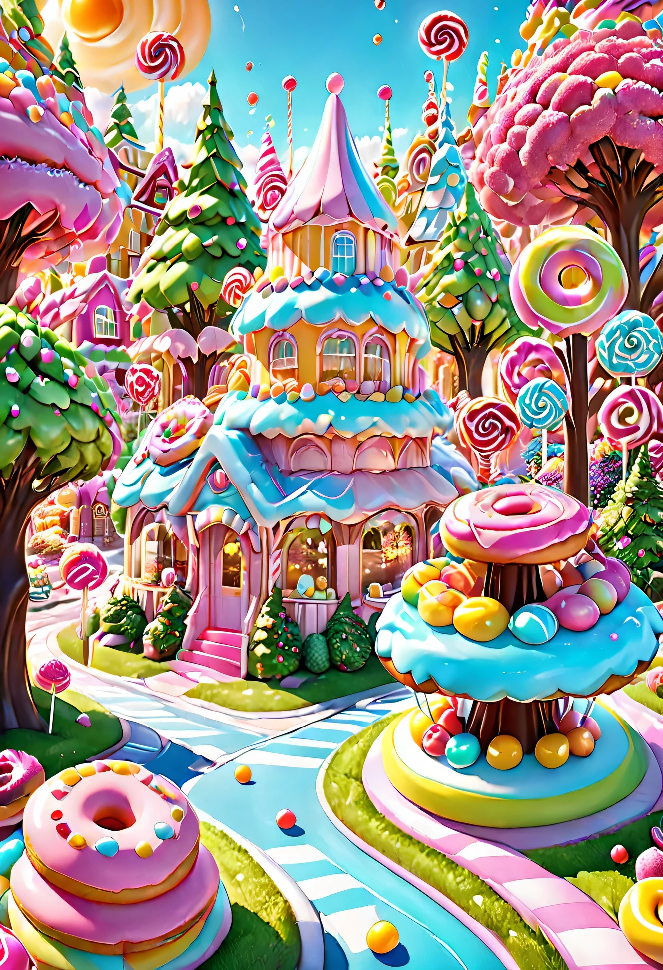 general shot: 1.5, ((city of sweet cake and candy buildings: 1.7)), (( candies, tree-shaped lollipops, donut-shaped sun, beautiful candy colors: 1.6)), ultra-realistic, photorealistic CG K : 1.4, skin texture: 1.4, masterpiece: 1.4, ((hyper detailed, epic, beautiful, creative and imaginative image: 1.6)), 32k.