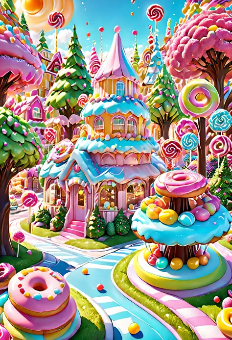 general shot: 1.5, ((city of sweet cake and candy buildings: 1.7)), (( candies, tree-shaped lollipops, donut-shaped sun, beautif...