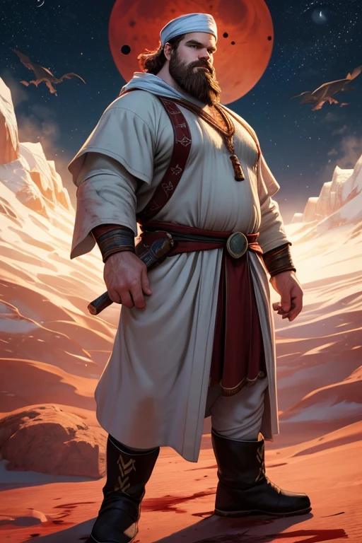 David Harbour, very detailed image, master piece, epic composition, perfect fingers, perfect hands, handsome, snow, right anatomy, chubby, 4k, perfect feets, perfect legs, (very short messy hair), ancient red desert, ancient desert clothes tunic beduin, ((big full beard)), (full white clothes), (black tunic), ( white mage), (white boots), (((night with blood moon))), (((big and large ass)))
