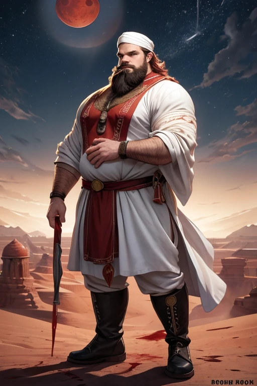 David Harbour, very detailed image, master piece, epic composition, perfect fingers, perfect hands, handsome, snow, right anatomy, chubby, 4k, perfect feets, perfect legs, (very short messy hair), ancient red desert, ancient desert clothes tunic beduin, ((big full beard)), (full white clothes), (black tunic), ( white mage), (white boots), (((night with blood moon))), ((big and large ass))
