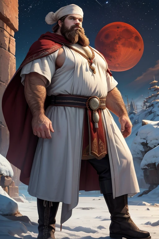 David Harbour, very detailed image, master piece, epic composition, perfect fingers, perfect hands, handsome, snow, right anatomy, chubby, 4k, perfect feets, perfect legs, (very short messy hair), ancient red desert, ancient desert clothes tunic beduin, ((big full beard)), (full white clothes), (black tunic), ( white mage), (white boots), (((night with blood moon))), ((big and large ass))
