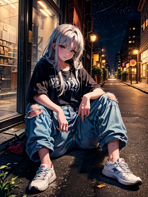 The image shows a beautiful eighteen-year-old girl in an empty city at night sitting on the sidewalk in an empty alley, she wear...