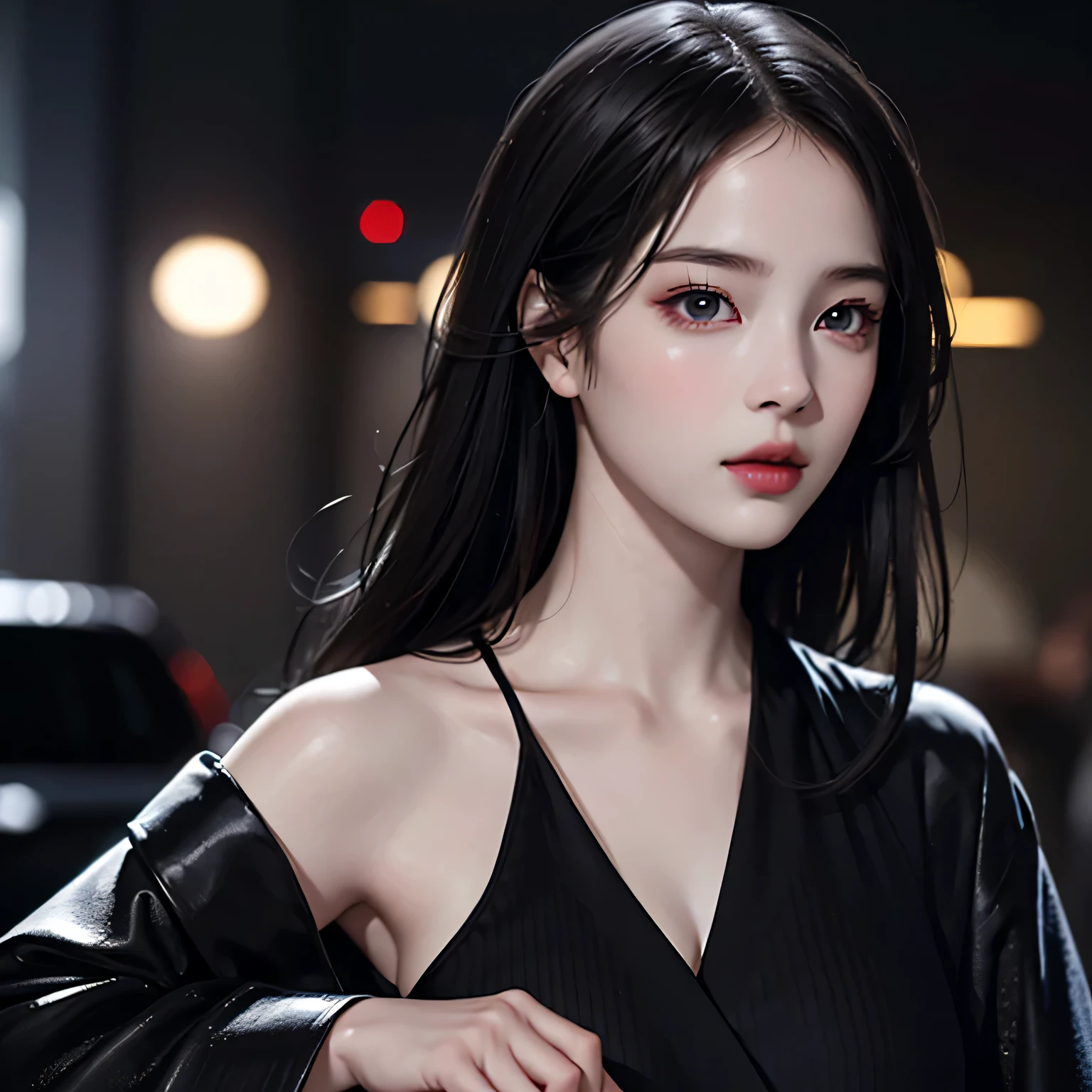 Beautiful girl with realistic black eyes, pale skin, medium length black hair, perfect face, perfect eyes, wearing a coat, very detailed, comprehensive movie, digital painting, 8K, cinematic lighting, highest quality, High resolution, Great job!, Post-processing, perfect result, surreal，(((revealing clothes)))，big breasts，NSFW:1.5