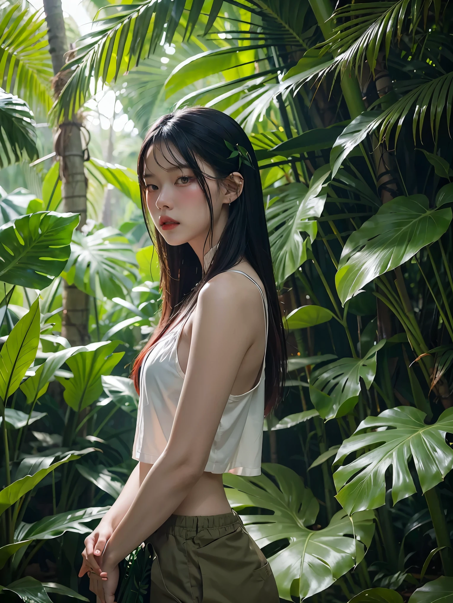 there are two people standing in a jungle with plants, artwork in the style of guweiz, inspired by Yanjun Cheng, in a tropical forest, by Yang J, in the art style of bowater, 🌺 cgsociety, loish and ross tran, in a jungle, by Ni Tian, by Ryan Yee, loish and wlop