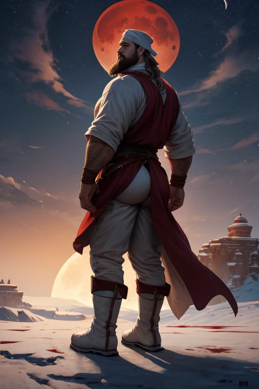 David Harbour, very detailed image, master piece, epic composition, perfect fingers, perfect hands, handsome, snow, right anatomy, chubby, 4k, perfect feets, perfect legs, (very short messy hair), ancient red desert, ancient desert clothes tunic beduin, ((big full beard)), (full white clothes), (black tunic), ( white mage), (white boots), (((night with blood moon))), (((big and large ass))), ((back side view))
